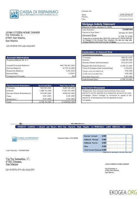 Relevé hypothécaire de la banque Saint , Marin Cassa di Risparmio aux formats Word et PDF